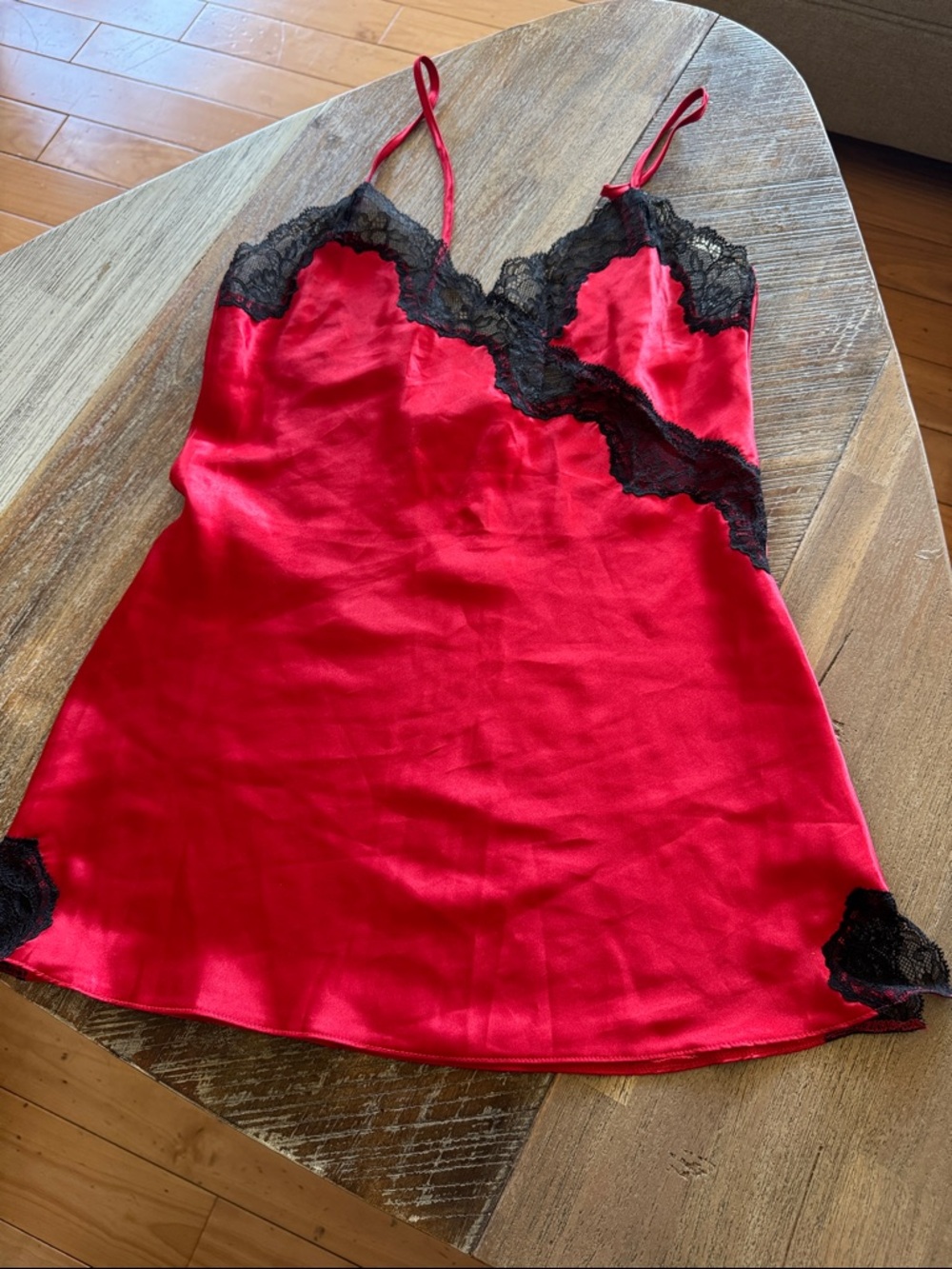 Red Satin Chemise with Black Lace Trim